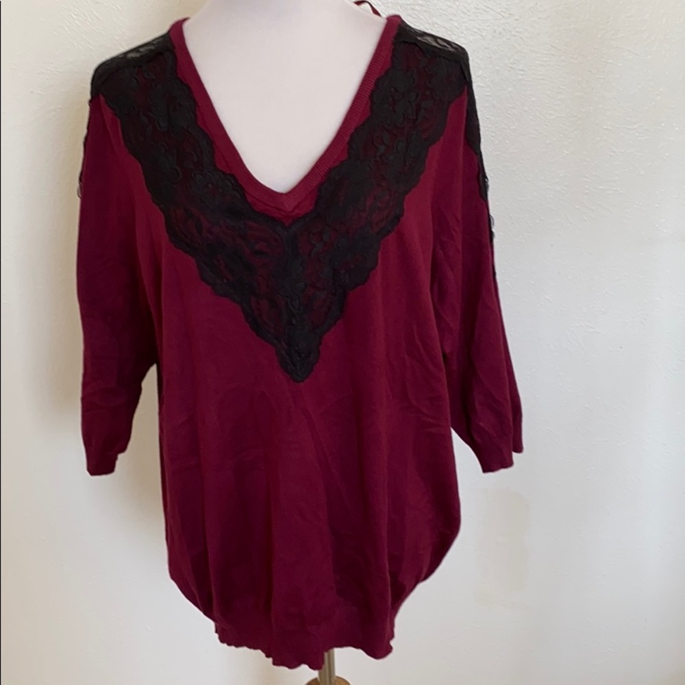 Lane Bryant Burgundy Black Lace V Neck 3/4 Sleeve Top 18/20